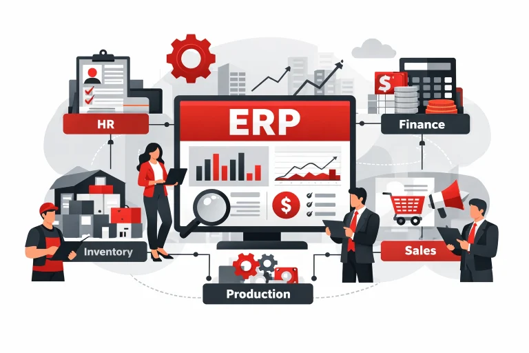 Ilustrasi implementasi ERP pada perusahaan dengan integrasi modul keuangan, inventory, produksi, HR, dan penjualan dalam satu dashboard terpusat