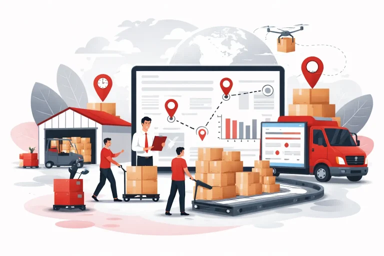 Ilustrasi modern sistem distribusi barang dengan gudang, truk pengiriman, manajemen stok digital, dan proses logistik terintegrasi