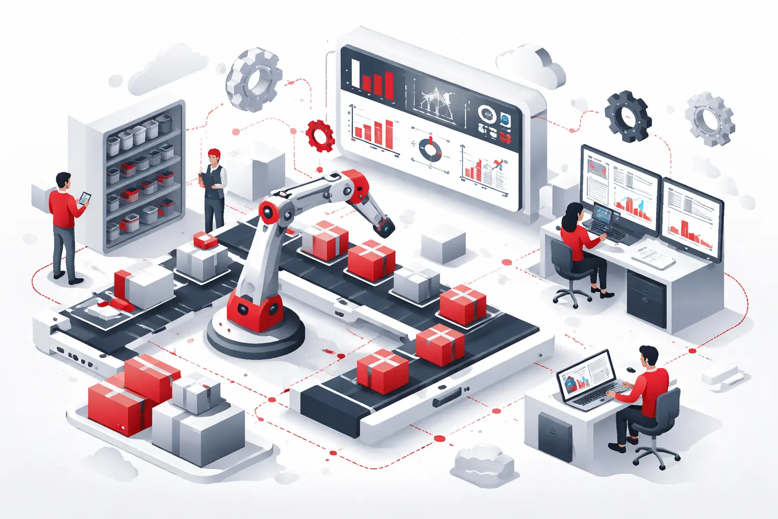 Ilustrasi sistem produksi terintegrasi dengan otomasi pabrik modern dan monitoring data real-time