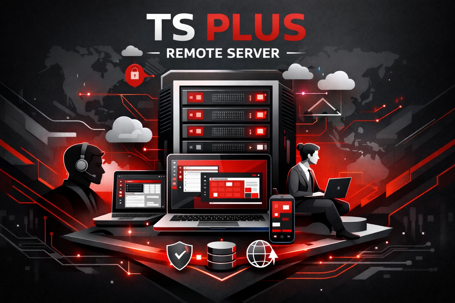 TSPlus Remote Server modern illustration dengan tone abu hitam merah menampilkan server rack, laptop, dan sistem remote access aman untuk bisnis