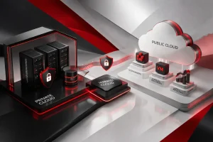 Ilustrasi konsep hybrid cloud yang menghubungkan server private dan public cloud secara aman