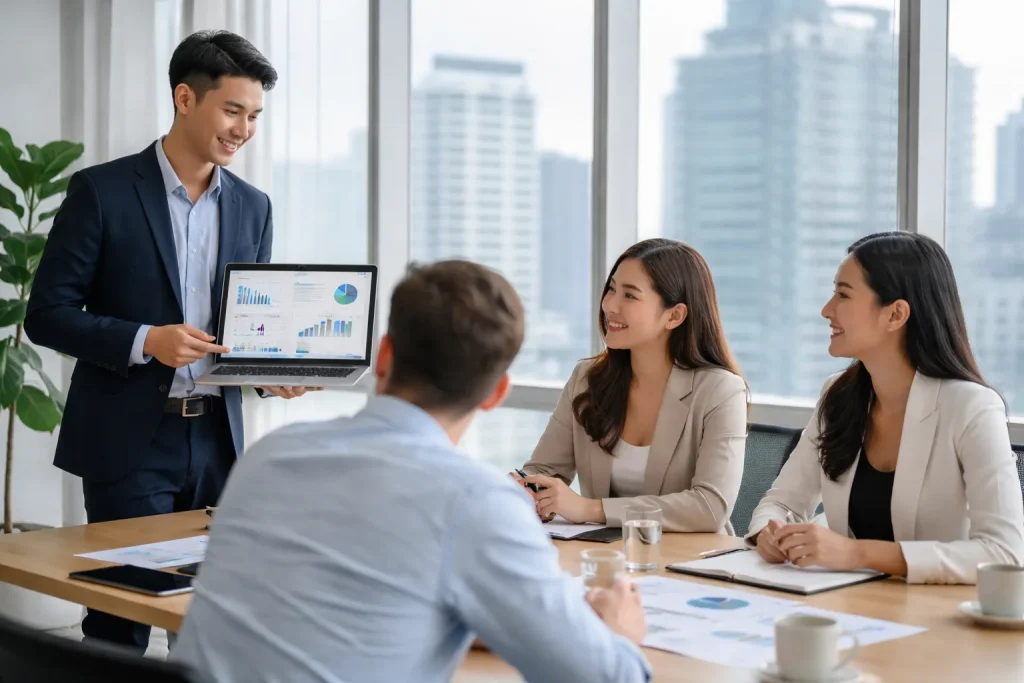 Tim konsultan ERP sedang meeting di kantor modern untuk implementasi SAP Business One