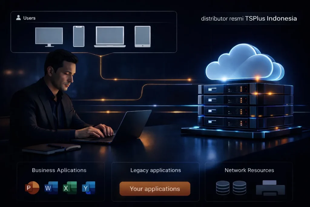 Ilustrasi remote access TSPlus dengan pengguna laptop terhubung ke server cloud melalui jaringan data, menampilkan konsep akses aplikasi bisnis dan network resources.