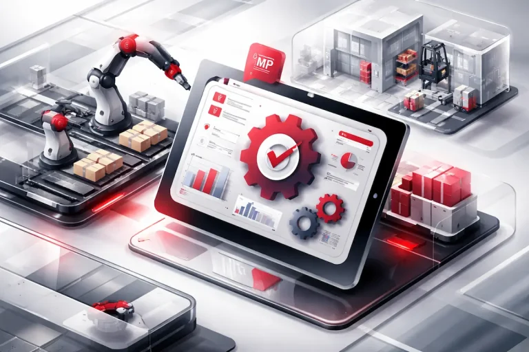 MRP adalah sistem perencanaan material dalam produksi modern berbasis ERP dengan visual pabrik otomatis dan dashboard digital terintegrasi